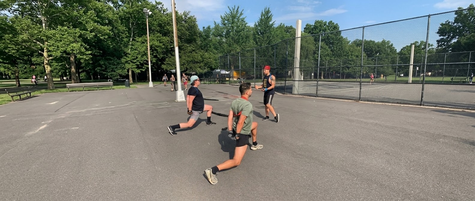 Coaching a small group training session in a Brooklyn park